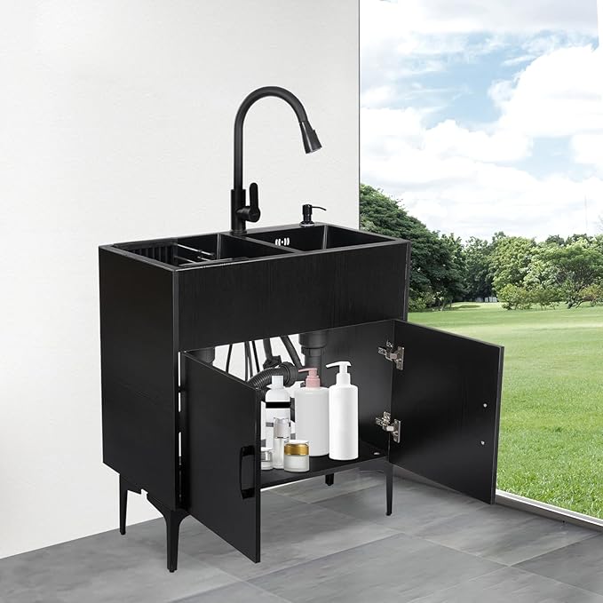 30-Inch Laundry Sink with Cabinet and Pull-Out Sprayer Faucet, Freestanding Kitchen Sink Cabinet with Stainless Steel Sink & Draining Basket, Wash Station Tub for Laundry & Bathroom, Kitchen