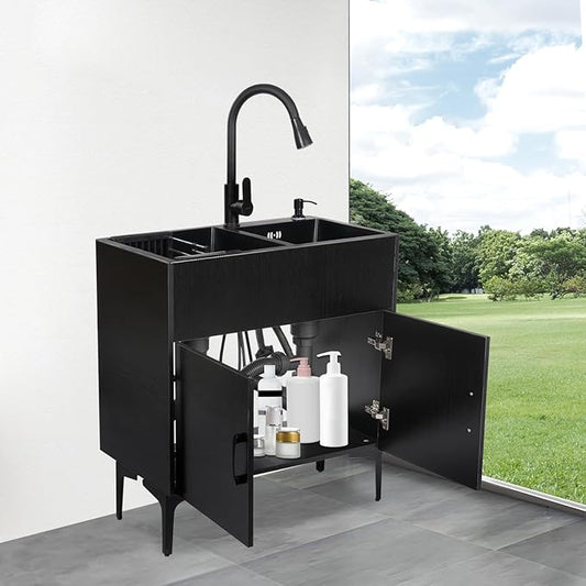 30-Inch Laundry Sink with Cabinet and Pull-Out Sprayer Faucet, Freestanding Kitchen Sink Cabinet with Stainless Steel Sink & Draining Basket, Wash Station Tub for Laundry & Bathroom, Kitchen