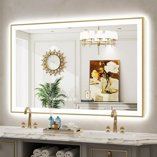 55x36 Inch LED Bathroom Mirror with Lights (Front Lit and Backlit) Gold Framed Lighted Vanity Mirror for Bathroom Wall Dimmable Anti-Fog Memory Tempered Glass Horizontal/Vertical