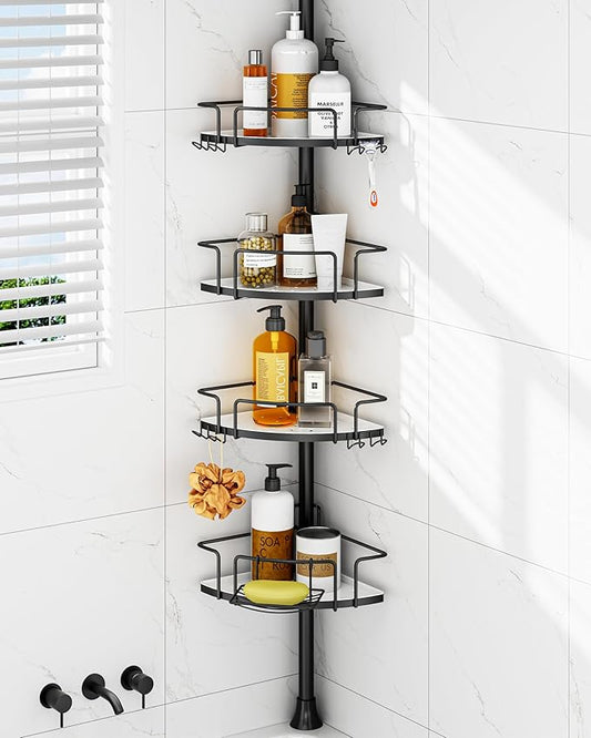 ALLZONE Corner Shower Caddy Tension Pole, 4 Repositionable Hang-On Baskets with Mixed-Height Shelves for Various Bottle Sizes, 4 Dual Hooks & Soap Holder, Rustproof Stainless Steel, Fits 34–116 Inch