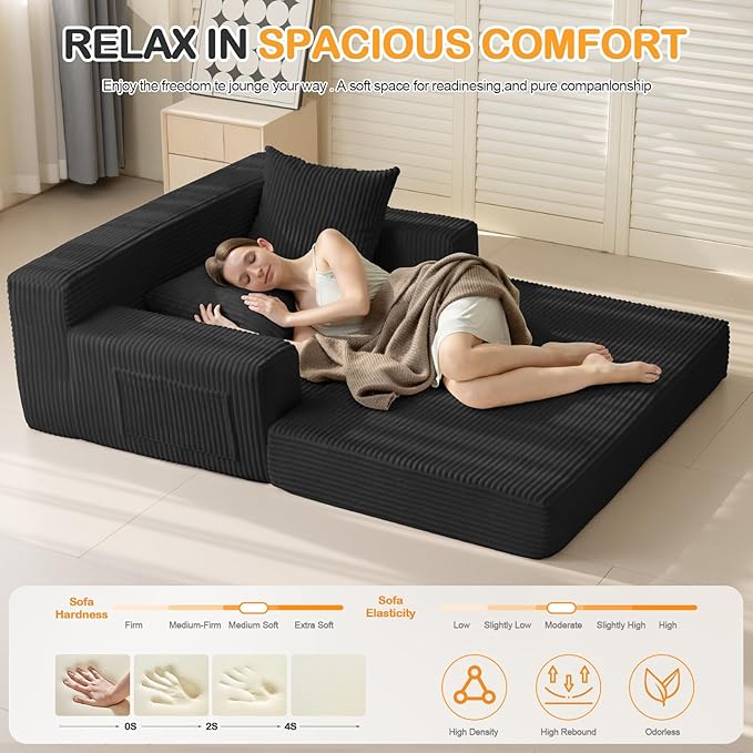 Loveseat Boneless Convertible Sofa Bed, Folding Floor Futon Sleeper Sofa Couch Bed- Boneless Foldable Couch, Corduroy Pull Out Sofa Bed with 2 Pillows for Living Room & Bedroom