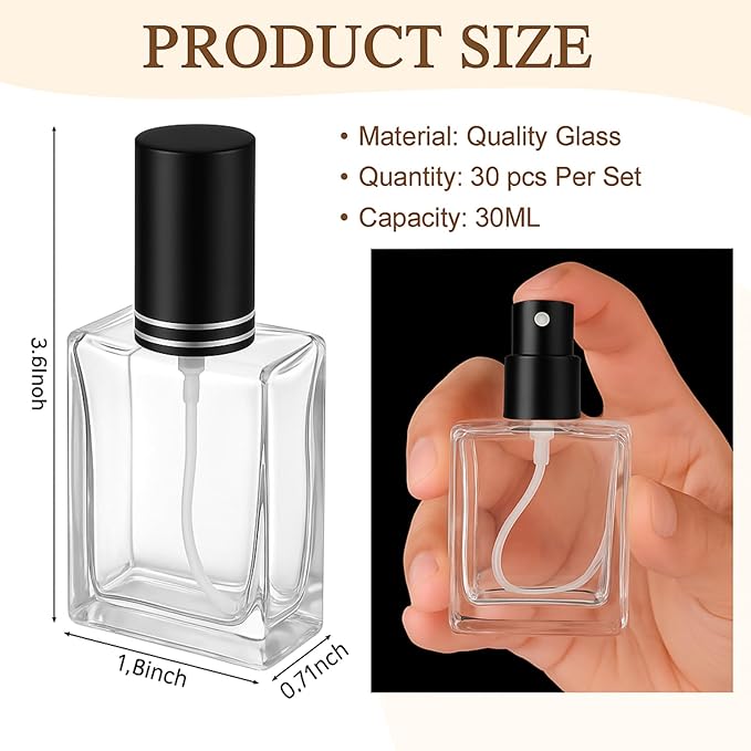 Domensi 30 Pcs 30 ml Glass Perfume Bottles Mini Glass Empty Spray Atomizer Bottles Bulk Refillable Small Perfume Dispenser Container with Pump Tool for Travel Plants Hair Cleaning Skin Care(Black)