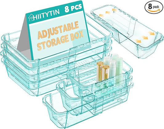 8 Pcs Mixed Extendable Clear Drawer Organizer, All Adjustable Vanity Storage Box, 4-Size Desk Drawer Organizer, Acrylic Storage Bins for Makeup, Bedroom Dressers Tool Organizer for Gadgets, Blue