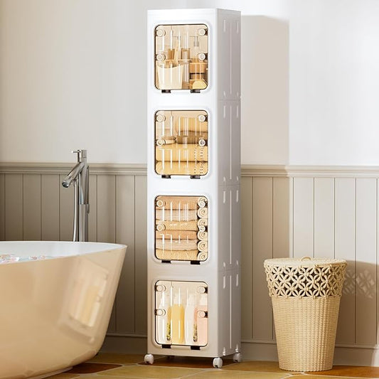 JEKO&JEKO 195 Qt Narrow Bathroom Storage Cabinet, 4-Tier Slim Tall Cabinet Organizer with Wheels, Foldable Plastic Storage Bin for Small Spaces, White