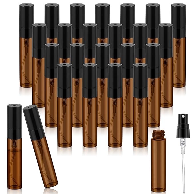 Zhehao 50 Pcs Mini Spray Bottles 5 ml Clear Glass Perfume Bottles Refillable Fine Mist Perfume Atomizer Portable Empty Sample Containers for Cleaning, Essential Oils, Travel (Amber)