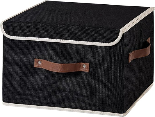 Collapsible Storage Boxes Baskets with Lid Cotton Linen Fabric Storage Bins with Faux Leather Handles Decorative Washable Cube Organizer Container for Home Closet Bedroom (Black, Large Size)