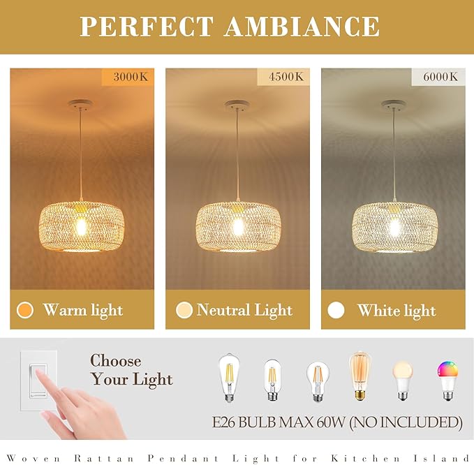 Hand-Woven Rattan Drum Pendant Light, 16in Boho Wicker Chandelier Hanging Lighting Fixture Coastal Pendant Lights for Dining Room Kitchen Island Living Room Bedroom Foyer Entrance