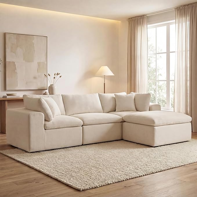 Cloud Couch Sectional Sofas for Living Room, Cream White Modular Sectional Sofa Couch Set with Ottoman, Deep Seat L Shaped Couch Bed, Boneless Convertible Sofa Couch for Apartment Furniture
