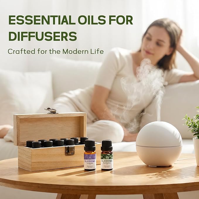 Essential Oils for Diffusers for Home –12 x 10ml Water Soluble Aromatherapy Oils with Wood Box, Natural Scented Oils for Home, Spa, Car & Gifts - Lavender, Peppermint, Sweet Orange, Tea Tree & More