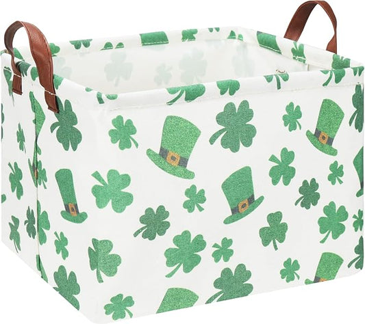 CLOCOR Four-leaf Clover Basket Empty,Rectangular St. Patrick's Day Gift Basket for Boys and Girls,Kids Toys Storage Bin,Baby Room Decor(Clover)