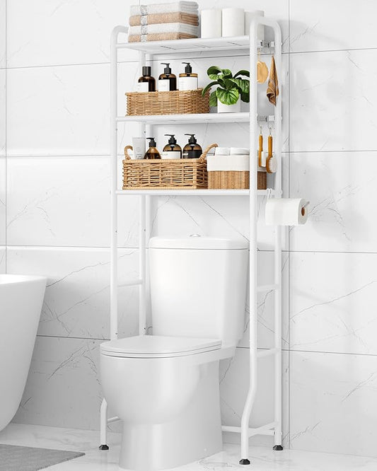 Kitsure Over Toilet Storage Rack - Metal Over Toilet Bathroom Organizer Shelf, Over the Toilet Storage Cabinet with Paper Holder and Hooks, Bathroom Cabinet for Laundry, White, 3 Tiers (63.2" H)