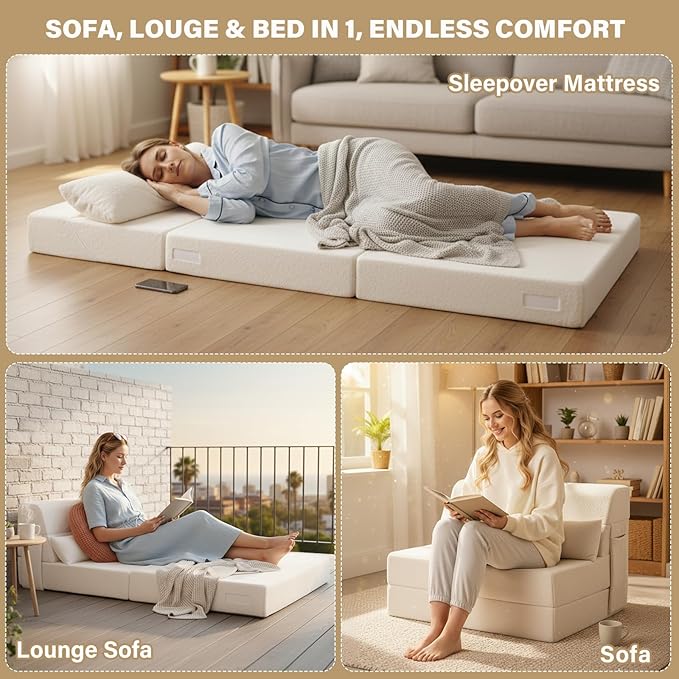 Tiita Convertible Folding Sofa Bed Twin Size for Adults with Pillow, Plush Fabric Floor Mattress Couch Bed, Washable Cover & Side Pocket, Guest Room, Dorm, Apartment, Living Room, Beige