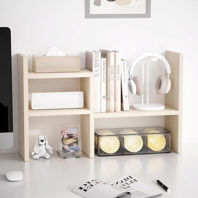 Jerry & Maggie Desktop Organizer Office Storage Rack Adjustable Wood Display Shelf Birthday Gifts Toy Home Decor Free Style Rotation Display True Natural Stand Shelf (White Wood Tone/2 Pack)