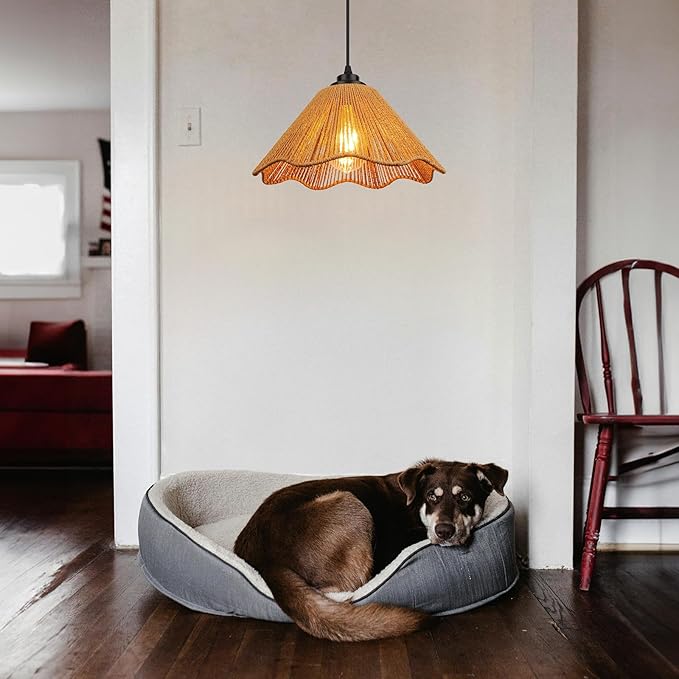 Plug in Pendant Light, Rattan Hanging Lights with Plug in Cord 13FT Hemp Black Cord, On/Off Switch Chandelier for Boho Living Room Bedroom Kitchen（Bulb Included） Brown-12 x 6 inch - 2 Pack
