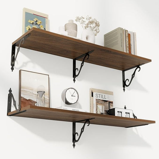 RICHFOCUS 12 Inch Deep Floating Shelves for Wall, 39" W x 12" D Wood Wall Shelves Set of 2, Wide Floating Shelves for Living Room, Bedroom, Kitchen, Bathroom and Decor Storage, Walnut