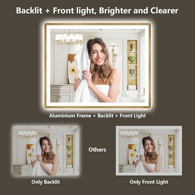 48x32 Gold Framed LED Bathroom Mirror with Lights, Backlit and Front Light, Lighted Bathroom Vanity Mirror for Wall Dimmable Anti-Fog Memory Tempered Glass Horizontal/Vertical