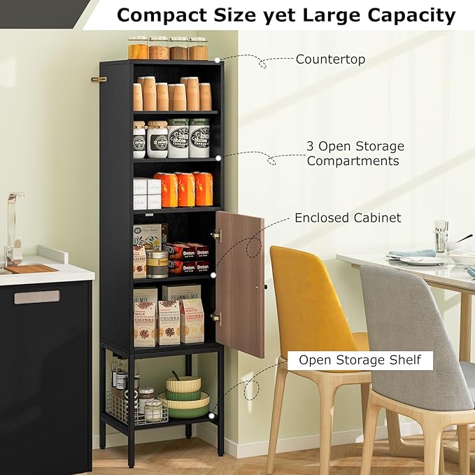 Tangkula Tall Bathroom Storage Cabinet with 1 Door and 4 Shelves, 57" H Narrow Floor Cabinet with Adjustable Shelves, Tall Slim Bathroom Cabinet for Living Room, Entryway, Kitchen (Black)