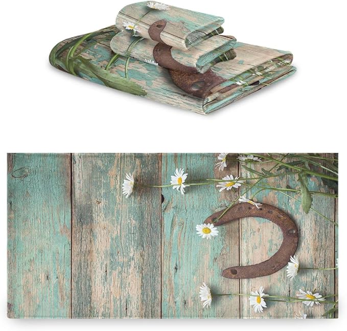 Rustic Western Horseshoe Bath Towels Set,Absorbent Soft 3 Piece Teal White Daisy Flower Wooden Barn Plank Towels for Bathroom,1 Bath Towel 1 Hand Towel 1 Washcloth,Decoractive Bathroom Towels
