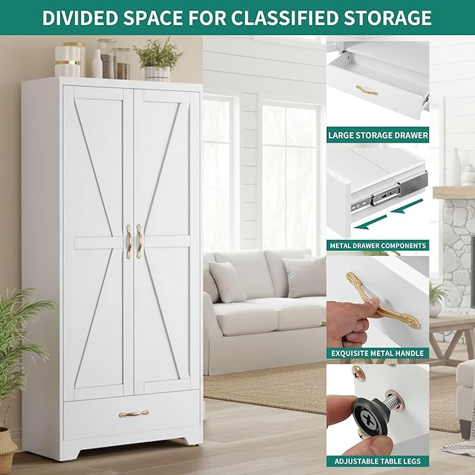 YITAHOME Kitchen Pantry Cabinet, 62" Metal Storage Cabinets with Adjustable Shelves, Farmhouse Organizer Cabinet with Barn Doors, Freestanding Cupboard with Drawer for Dining Living Room, White