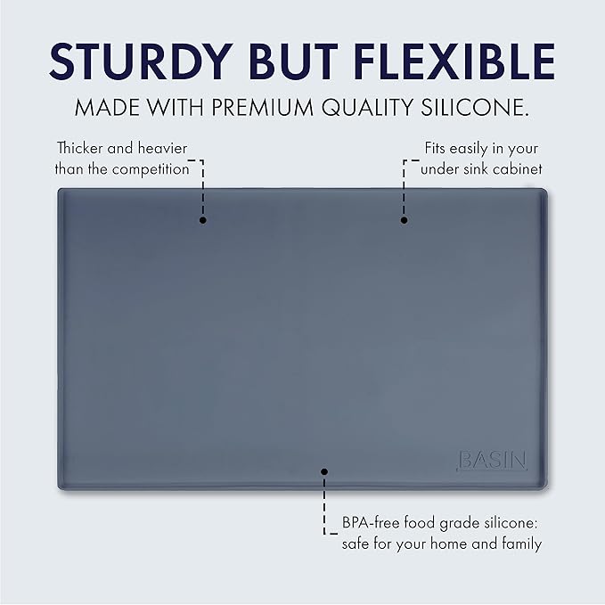 BASIN - Heavy Duty Under Sink Mat - The Original Silicone Under Sink Mats for Kitchen Waterproof - Under Sink Tray for Kitchen Waterproof - Under Sink Cover Cabinet Liner Gray 22x22