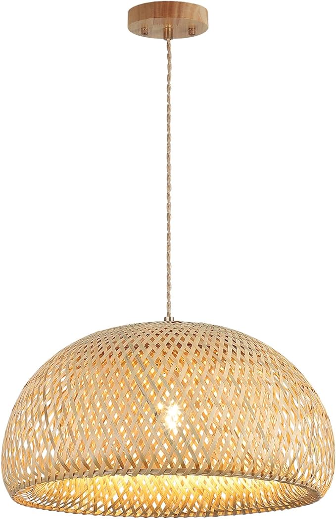 Bamboo Large Pendant Light Fixture 17.8 inch One-Light Adjustable Rustic Basket Handmade Woven Pendant Lighting for Kitchen Island Farmhouse Dining Room Living Room