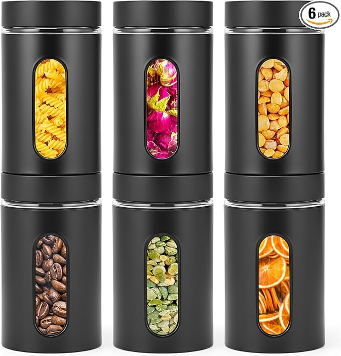 Patelai 6 Pack Kitchen Canisters Set Airtight Stainless Steel Canister Food Storage Container with Window Glass, Coffee Sugar Candy Jars Tea Organizer for Flour Cookies Spice (Black,32 oz)