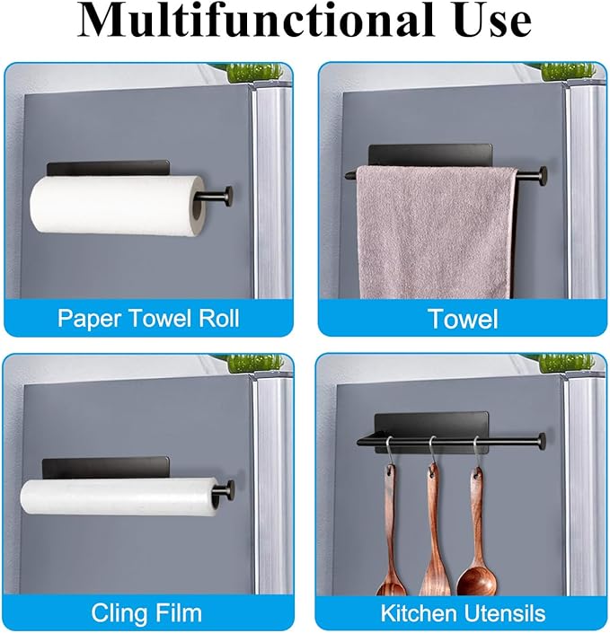 RedCall 2 Pack Magnetic Paper Towel Holder for Fridge,Black Kitchen Towel Holder for Refrigerator/BBQ Grills/Griddles Toolbox/RV,Powerful Magnetic Towel Bar,Kitchen Bathroom Organizers and Storage