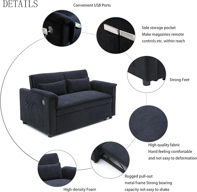 Sofa Bed, Pull Out Couch with Side Pockets, 3 in 1 Velvet Loveseat Sleeper Sofas Beds with USB Ports, Sofa Bed Couch with Adjustable Backrest for Living Room, Bedroom, Apartment, Black Blue