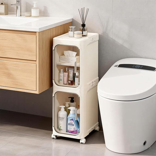 Narrow Storage Cabinet Slim Bathroom Storage Cabinet with Movable Wheels Tall Bathroom Organizer Skinny Cabinet for Small Spaces，2-Tier Beige