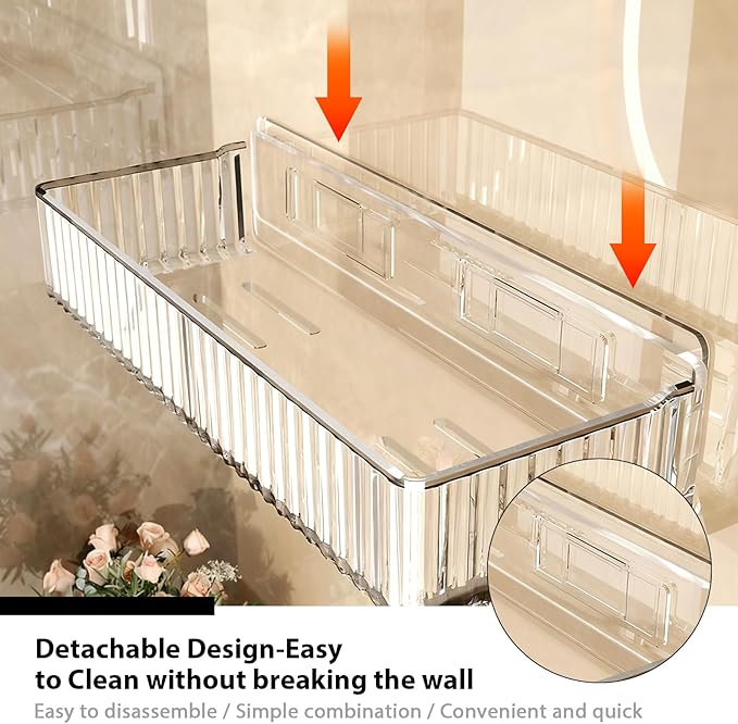 4 Pack Acrylic Shower Caddy Adhesive, Clear Shower Shelves No Drilling with Soap Holder & Toothbrush Holder, Bathroom Wall Shelf