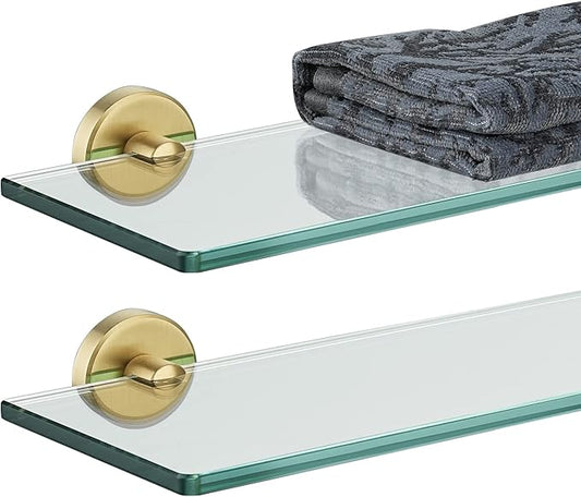 JQK Bathroom Glass Shelf Gold, Tempered Glass Shower Storage 20 by 5 inches, 304 Stainless Steel Brushed Gold Wall Mount, 2 Pack, TGS101L20-BG-P2