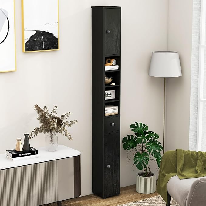 Tangkula Tall Slim Bathroom Storage Cabinet, 71" Freestanding Bathroom Cabinet w/ 2 Doors, 1 Drawer & 5 Adjustable Shelves, Floor Narrow Tower Cabinet for Small Spaces, 8" x 8" x 71" (Black) | Tall, Slim, Freestanding, 2 Doors, 1 Drawer, 5 Adjustable S...