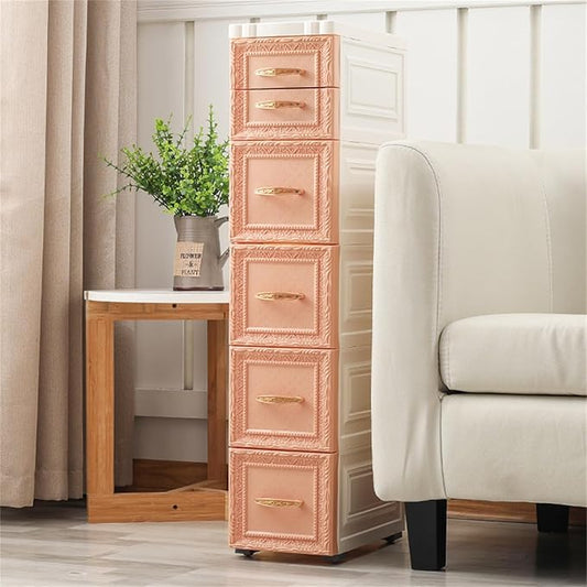 6 Drawers Narrow Plastic Bathroom Storage Cabinet with Wheels Slim Storage Organizer Vertical Storage Tower Container for Small Spaces, Bedroom, Bathroom, Laundry, Closet, Khaki