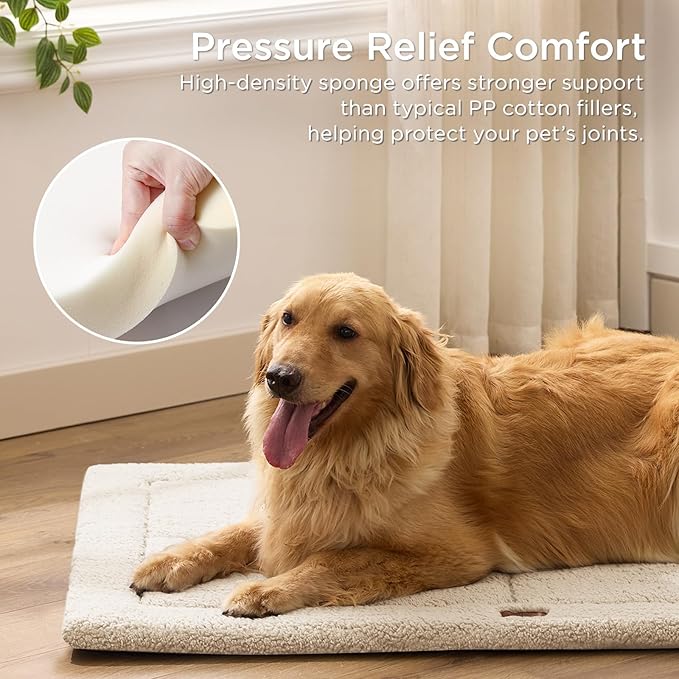 Reversible Dog Crate Pad Bed for Medium Small Dogs,Washable & Non-Slip Kennel Pet Mat, High Density Foam and Soft Fleece Cat Bed for Indoor & Outdoor Use, 35" x 23", Cream White