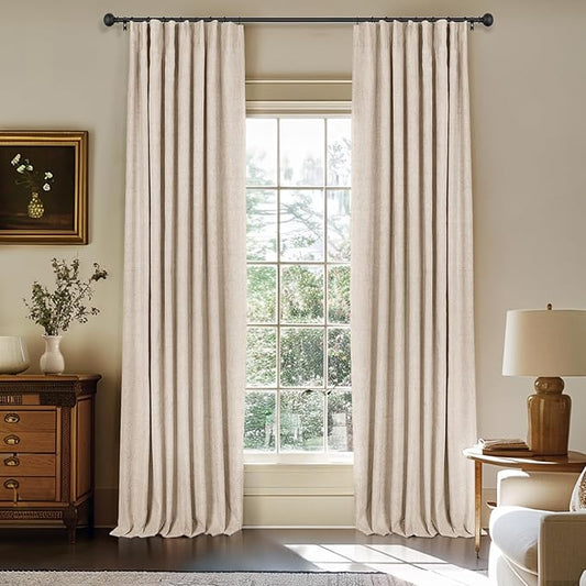 INOVADAY 100% Blackout Curtains for Bedroom, Black Out Curtains 108 Inch Long, Clip Rings Linen Blackout Drapes, Thermal Insulated Room Darkening for Living Room, 2 Panels - Oatmeal,W50xL108
