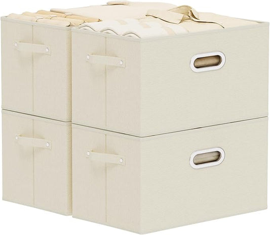 Foldable Cloth Basket with 4 Handles, Decorative Open Storage Boxes, Stackable Cube Organization, Fabric Bins for Shelves, Closet, Living Room, 15x9.8x9.8in, Beige, 4 Pack