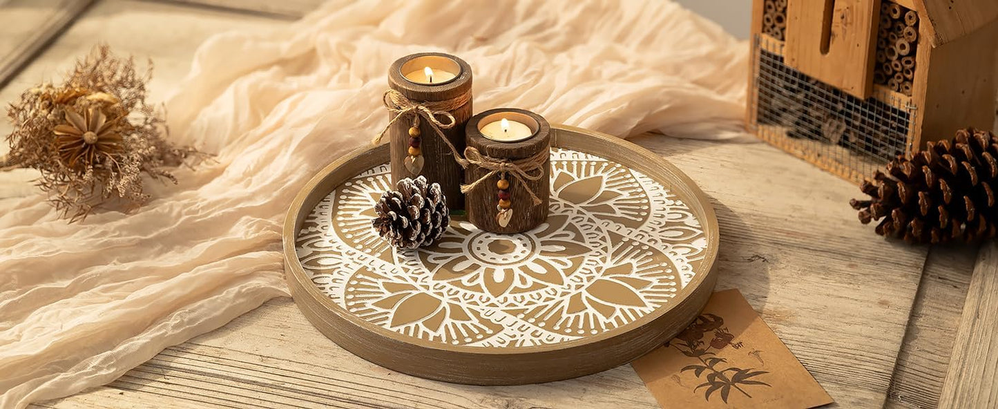 Round Boho Wood Tray Set — Farmhouse Centerpiece, Set of 2