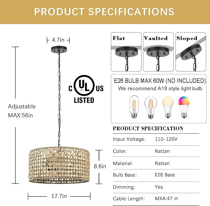 5-Light Boho Rattan Pendant Light, 18" Hand Woven Chandelier Wicker Coast Light Fixture Bohemian Hanging Ceiling Lights Natural Lighting for Dining Room Kitchen Island Living Room Bedroom