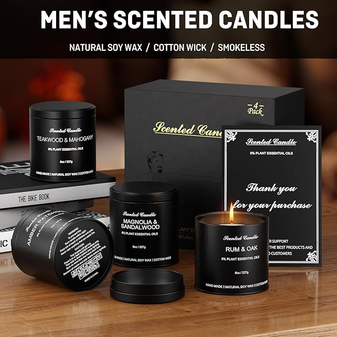Men's Scented Candles Gift Set - 4 Pack Luxury Masculine Scented Candles for Men, 8oz Natural Soy Wax Candles with 8% Essential Oil, Long Lasting Aromatherapy Candles for Home Fragrance,Men,Him