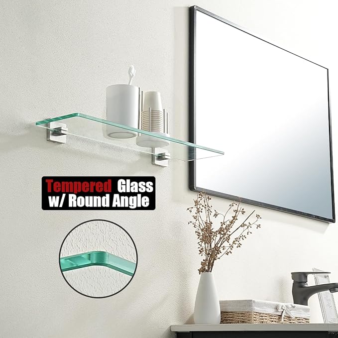 JQK Bathroom Glass Shelf, Floating Tempered Glass Shower Storage 24 by 5 inches, 304 Stainless Steel Brushed Finish Wall Mount, TGS201L24-BN