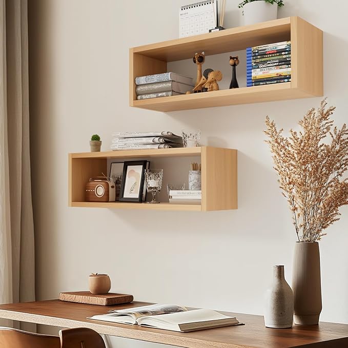 Kaboon 24in Floating Cube Shelves Set of 2, Display Shelves Wall Mount, Decorative Hanging Shelves for Kitchen Living Room Office,(Light Walnut, Rectangle 2 Cubes)