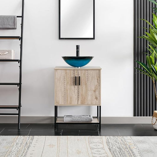 eclife 24" Bathroom Vanity Sink Combo Modern Metal Stand Cabinet W/Bottom Shelf Turquoise Square Vessel Sink & Water Save Faucet & Pop Up Drain, Oak (A10)