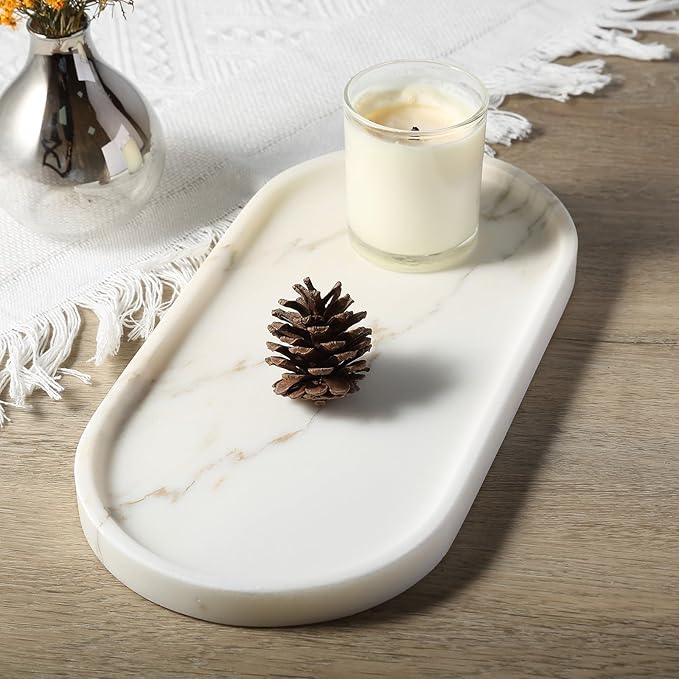White Marble Tray with Gold Pattern - Decorative Stone Tray for Bathroom & Vanity