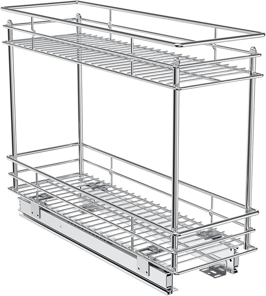 ROOMTEC Pull Out Cabinet Organizer for Narrow Cabinet (5" W X 21" D), Kitchen Cabinet Organizer and Storage 2-Tier Cabinet Pull Out Shelves Under Cabinet Storage for Kitchen, Chrome