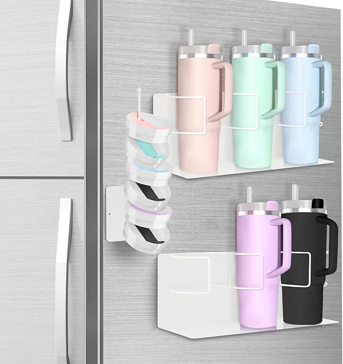Magnetic Cup Holder for Fridge, Water Bottle Organizer for Cabinet Magnetic Cup Holder Heavy Duty Tumbler Lid Organizer for 20oz 30oz 40oz Cup Accessories Storage Organizer (White)