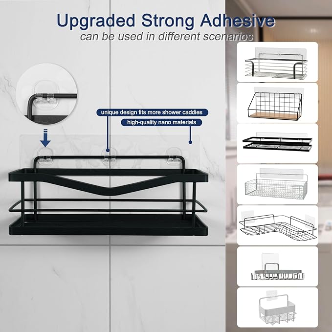 Strong Adhesive Shower Caddy Replacement, 6 Pack No Drill Adhesive Hooks for Bathroom & Kitchen, Holds 40lbs, Waterproof & Transparent Strips for Tile, Glass, Smooth Walls