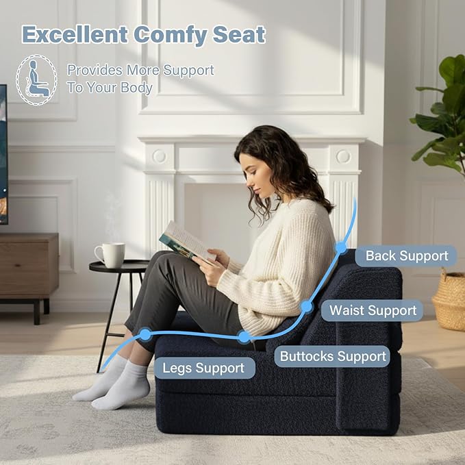 Tiita Convertible Folding Sofa Bed Single Size for Adults with Pillow, Plush Fabric Floor Mattress Couch Bed, Washable Cover & Side Pocket, Guest Room, Dorm, Apartment, Living Room, Navy