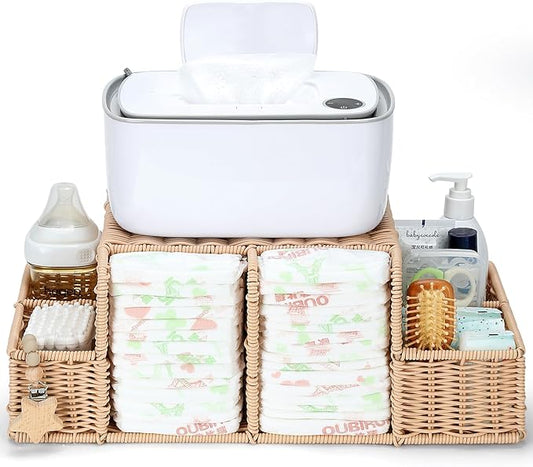 Diaper Caddy Organizer, Hand Rattan Nursery Storage Basket for Baby Essentials, Baby Changing Table Organizer Perfect Nursery Assistant (Natural Woven, L)