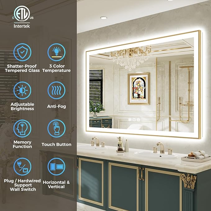 60x36 Inch LED Bathroom Mirror with Lights (Front Lit and Backlit) Gold Framed Lighted Vanity Mirror for Bathroom Wall Dimmable Anti-Fog Memory Tempered Glass Horizontal/Vertical
