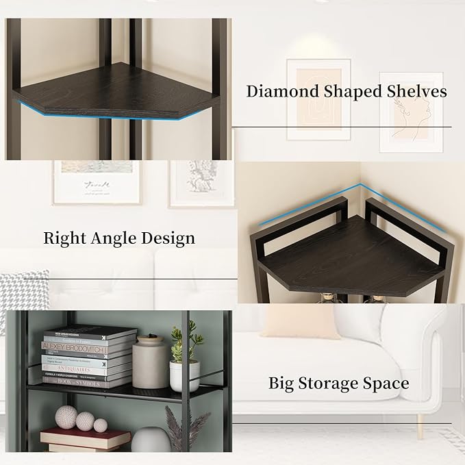 GILLAS 5 Tier Corner Shelf Stand, Freestanding Corner Shelf Unit Bookshelf, Corner Table with Shelf, Tall Storage Organizer Rack for Living Room, Bedroom, Office (Black)